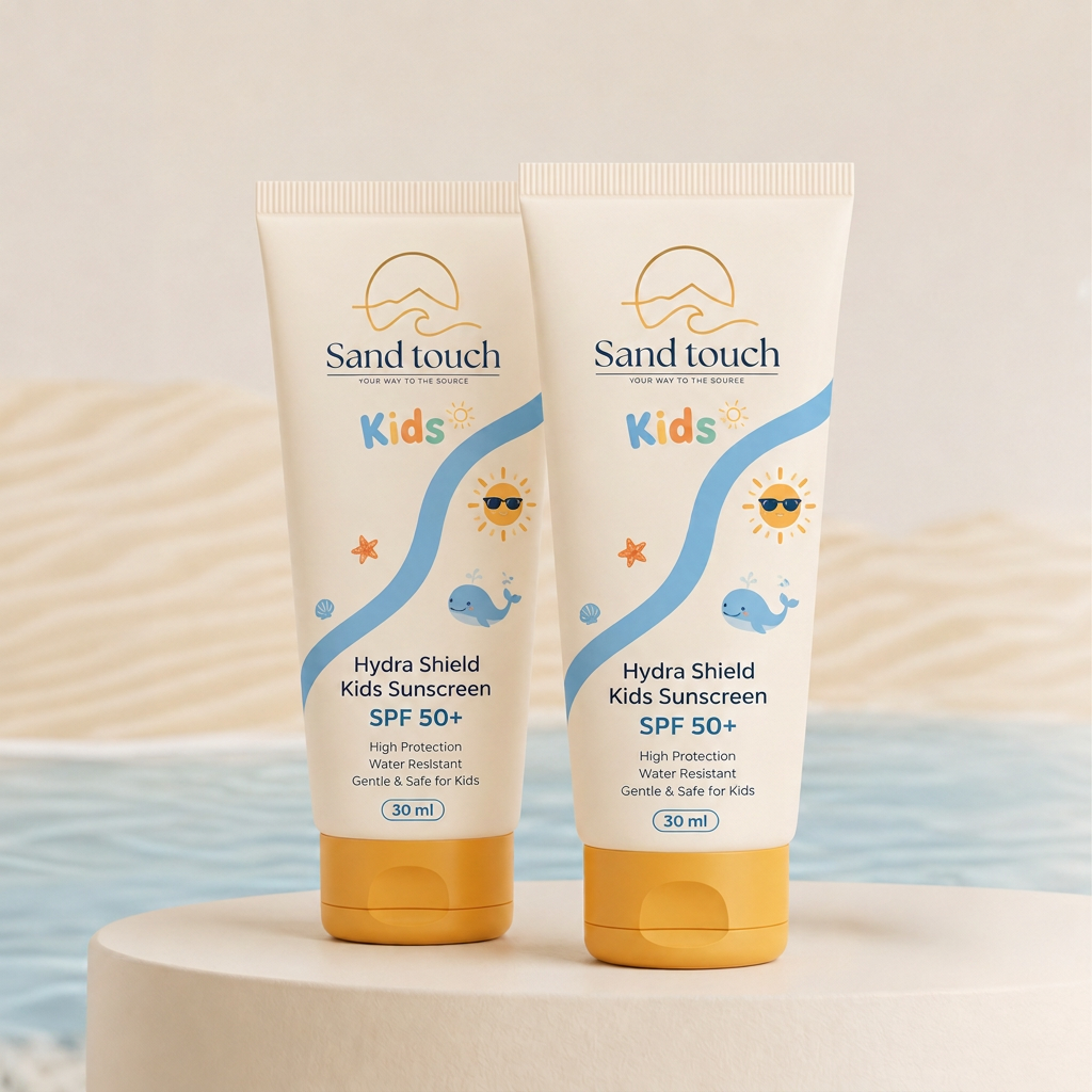 Sand Touch Kids SPF 50+ children's sunscreen, two 30 ml tubes on a cream pedestal