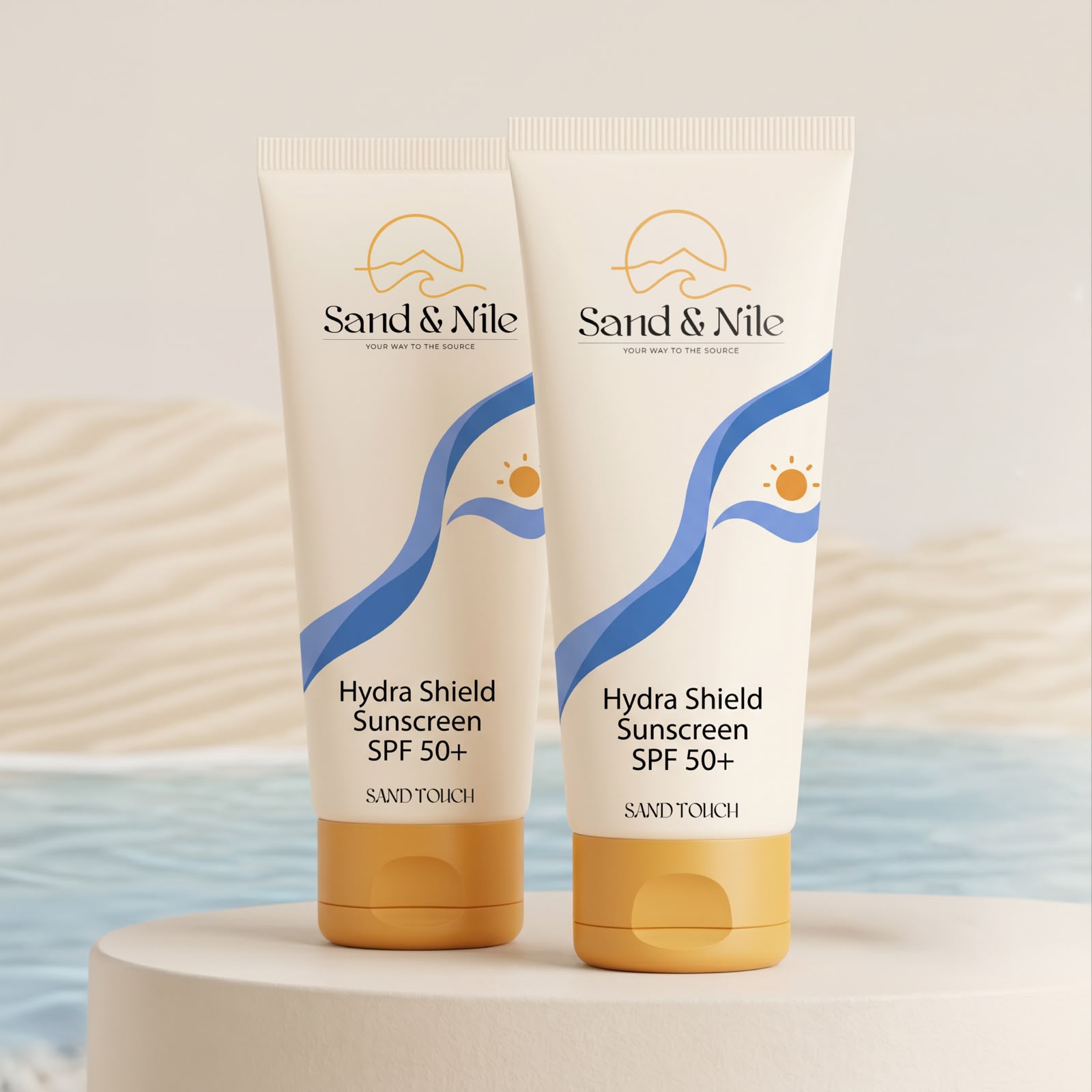 Two Sand Touch SPF 50+ tubes with gold caps standing in soft morning light on rippled sand beside calm Nile water