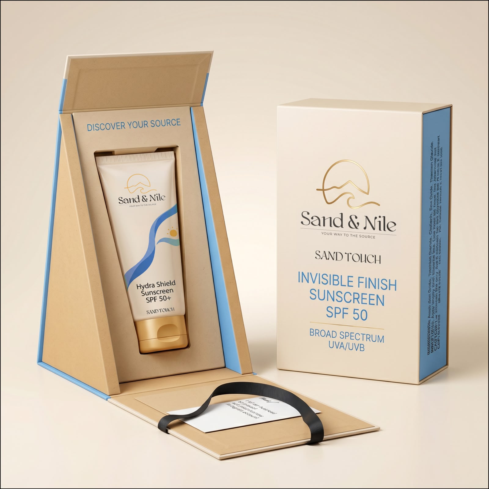 Sand Touch SPF 50+ premium gift box and carton with the Sand & Nile emblem